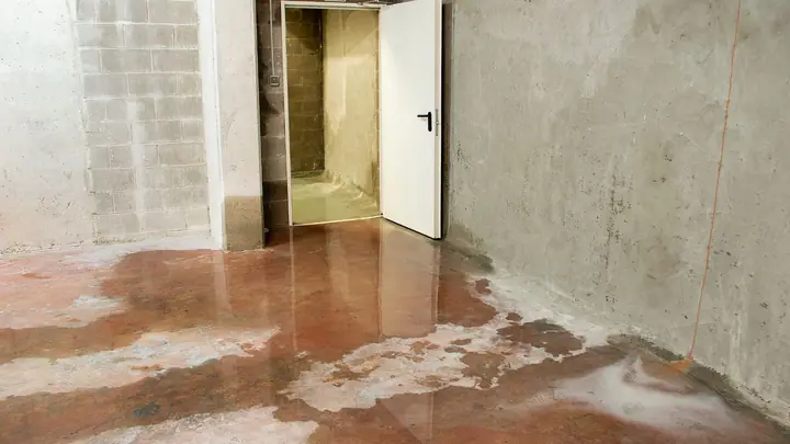 Water-stained basement concrete block wall and floor
