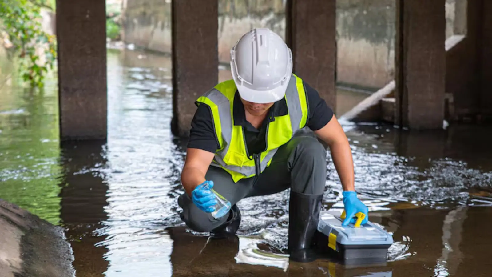 Worker in a hard hat and safety vest checking a flooded basement