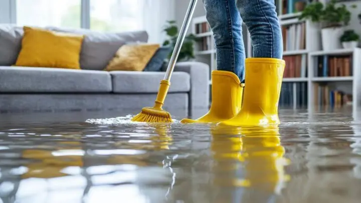 Cleaner in yellow rubber boots sweeping water across a living room floor