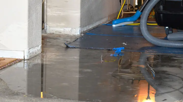 Extraction hose on a wet basement floor