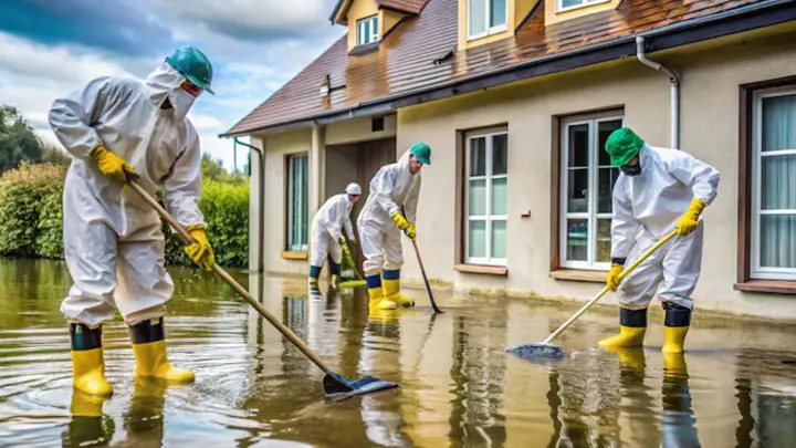 Cleanup crew in protective suits and yellow boots working around a flooded house