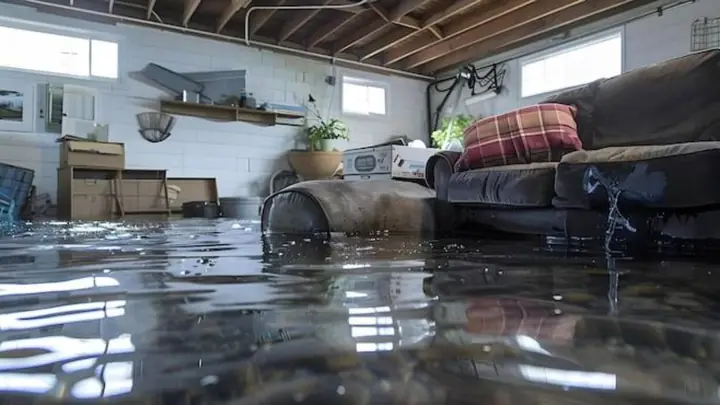 Flooded basement living area with a sofa and shelves
