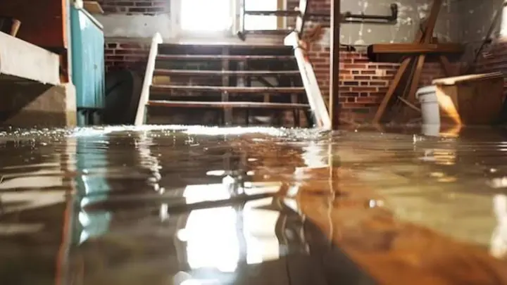 Water covering a basement stairway landing