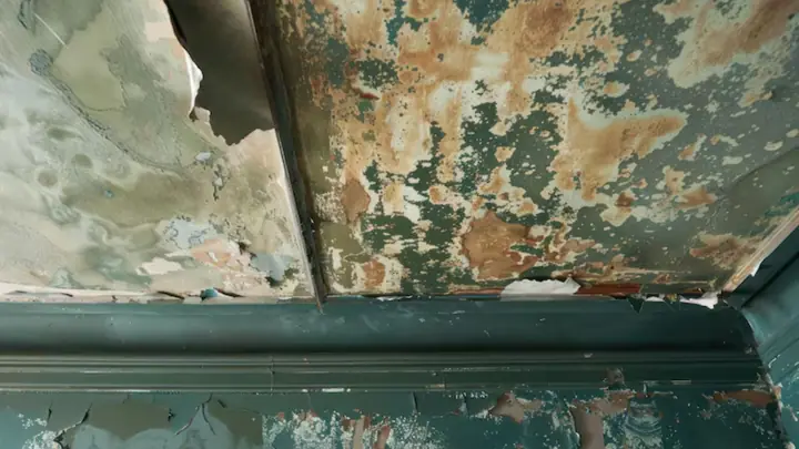 Stained, mottled plaster ceiling edge above molding