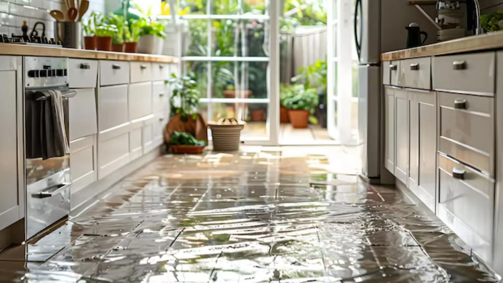 Kitchen floor covered in water in front of a refrigerator