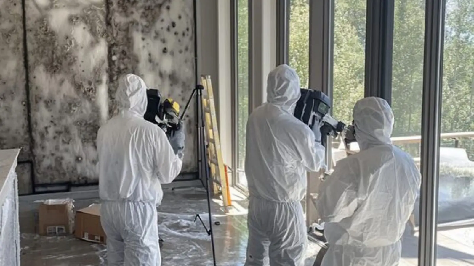 Team in protective suits working in a large room with tall windows
