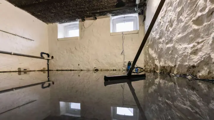 Mop and standing water in a basement