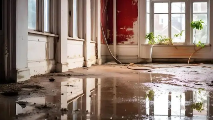 Older house interior with dirty water on the floor and trim