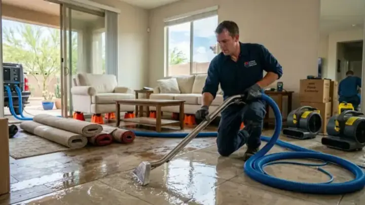 Technician extracting standing water from a living room floor with hoses and drying equipment