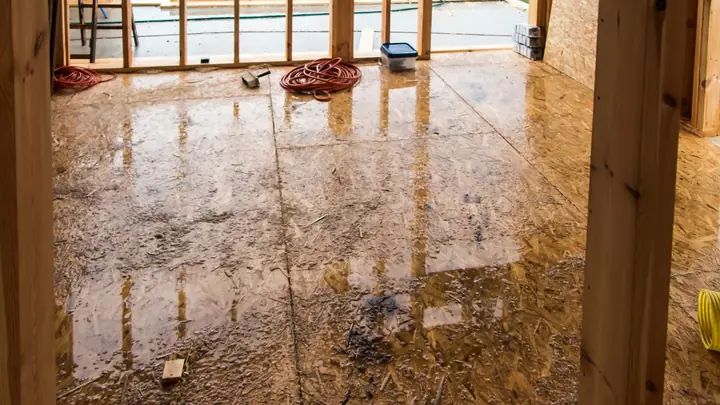 Water pooled on a wood floor in a room under repair